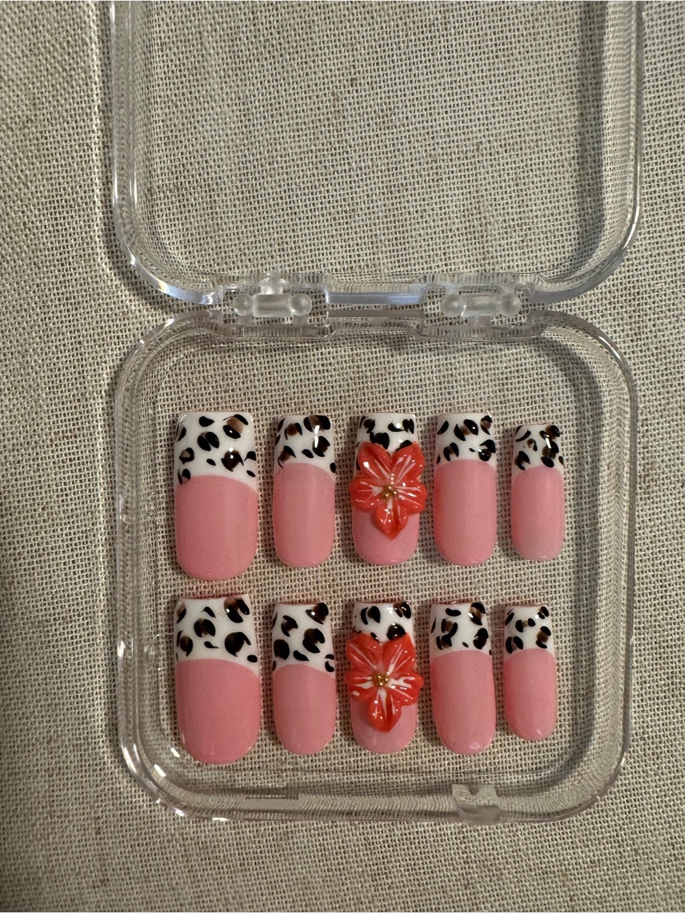Press-On False Nails Set - Pink Leopard French with Floral Accent size small